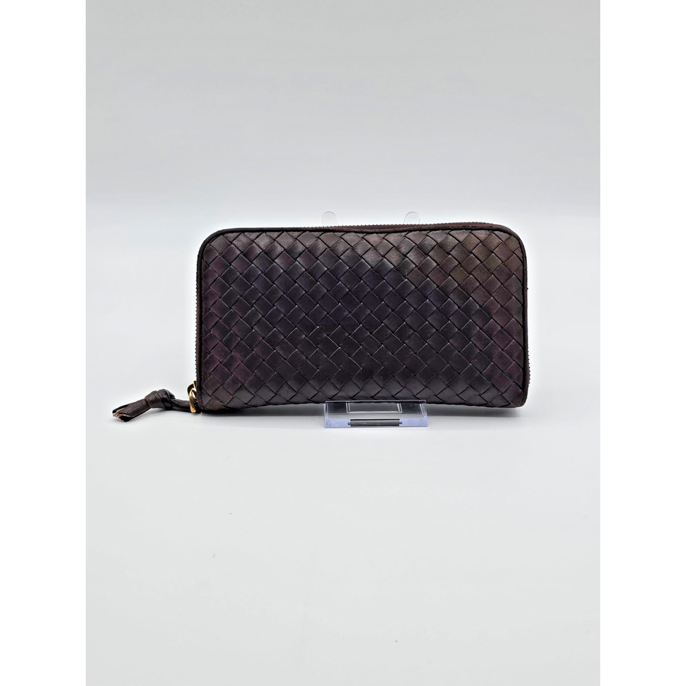Bottega Veneta Intrecciato Zip Around Wallet Dark Brown Woven Leather Italy